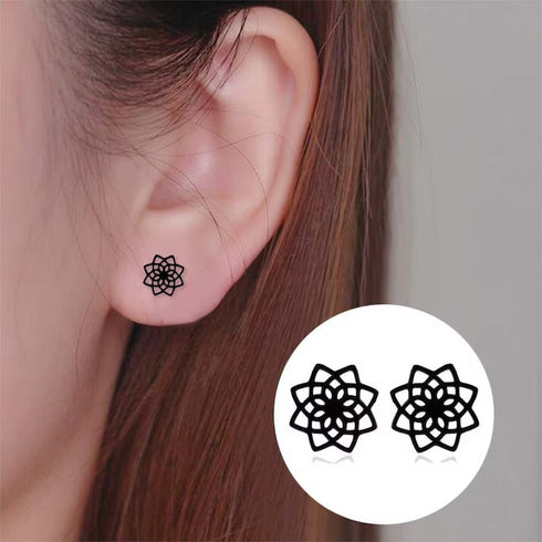 2 Pairs Titanium Steel Black Silver Lotus Mandala Flower Men Women Stud Earrings